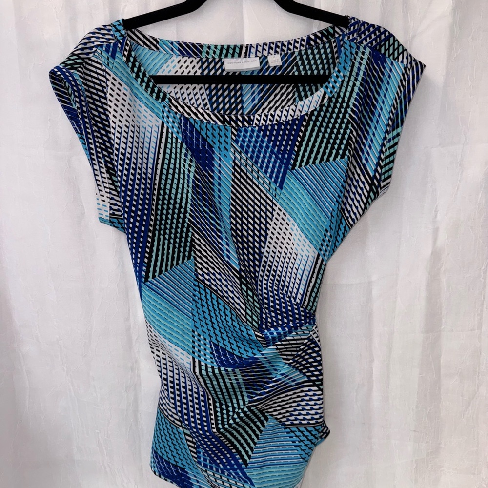 New York & Company Asymmetrical Blue Cap Sleeve Blouse